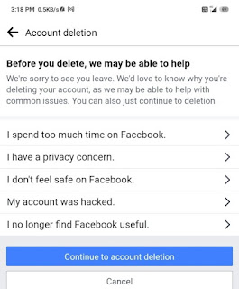 बिना पासवर्ड के फेसबुक अकाउंट कैसे डिलीट करे ? 2 मिनट में continue to account deletion