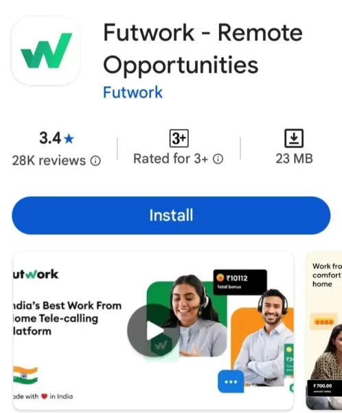 Futwork Remote Opportunities app play store listing for work from home telecalling jobs