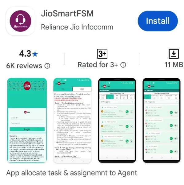 JioSmartFSM app features showcasing app allocate task and assignment to agent screen