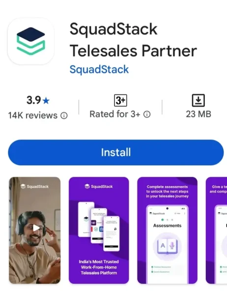 SquadStack Telesales Partner app play store listing showing work from home platform
