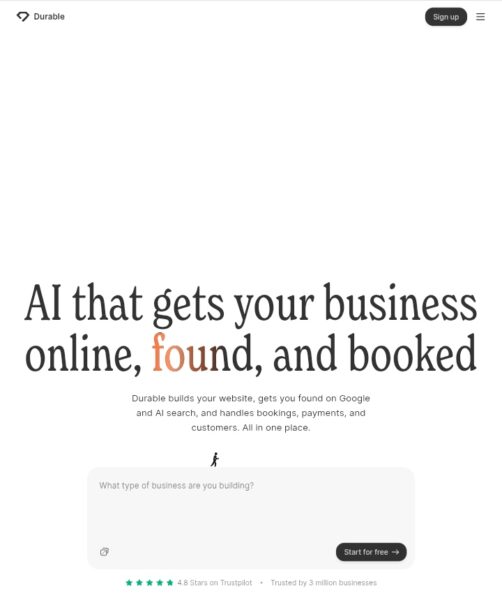Durable AI website builder homepage interface for AI earning apps