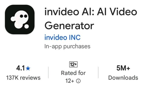 invideo AI earning app video generator interface on play store