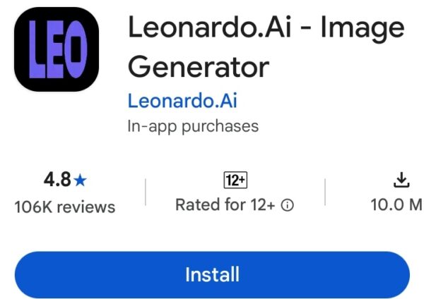 Leonardo AI earning app image generator listing on play store for online earning